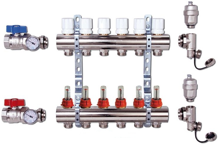 Коллекторная группа для теплых полов 7 выходов полный комплект (краны, термометры, воздухоотводчики, сливники) 1*3/4 с расходомерами нержавейка Vieir